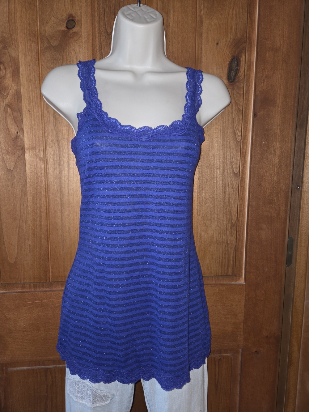 Calvin Klein Royal Blue Lace-Trim Striped Tank‎ Top